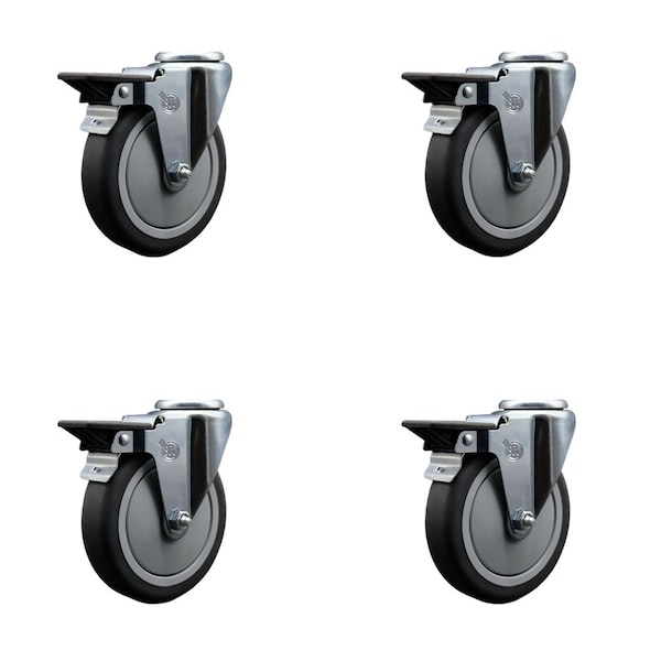 5'' Thermo Rubber Wheel Swivel Bolt Hole Caster Set with Posi Lock Brakes, 4PK